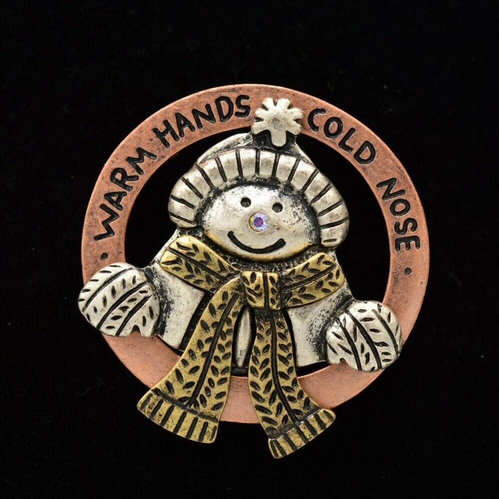 Vintage Christmas Pin Brooch Holiday Snowman Warm Hands Cold Nose BinJ